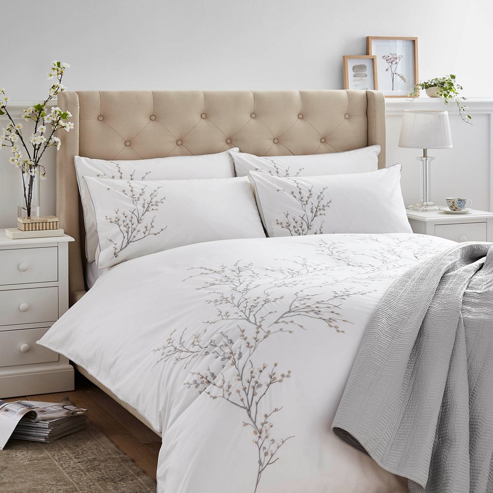 Pussy Willow Sprig Embroidered Bedding Set by Laura Ashley in Dove Grey